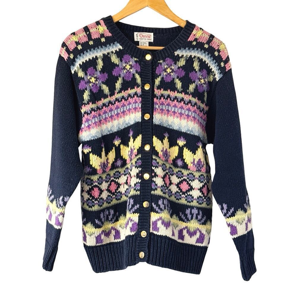 Orvis Women’s Fair Isle Floral Knit Cardigan Sweater Size M Navy